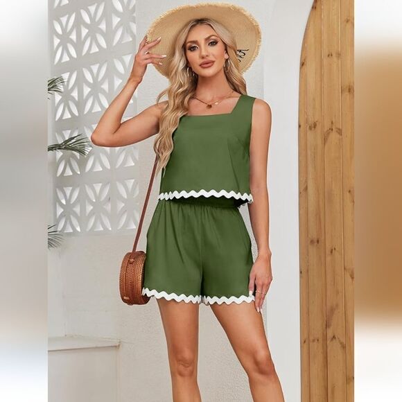 NWT 2 Piece Vacation Beach Outfit Square Neck Cropped Tank Scalloped - Picture 6 of 6